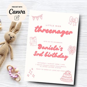 Little Miss Threenager 3rdd Birthday Invitation, Coquette Girl Party 3rd Birthday, Editable Pink Invite Instant Download, Canva Template