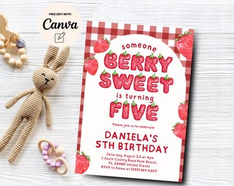 May include: A red and white gingham background with a strawberry theme. The text reads "someone BERRY SWEET is turning FIVE. Please join us to celebrate DANIELA'S 5TH BIRTHDAY. Saturday, August 23 at 4pm 1 South County Road Palm Beach, FL 33480 United States RSVP to Emma at (555) 867-5309"