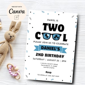 Two Cool Birthday Invitation, Retro Sunglasses Invite, Summer Party, Boy 2nd Birthday Theme, Canva Editable, Digital Download