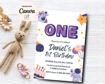 Editable Space Astronaut 1st Birthday Invitation, Space Theme Party Invite, Instant Download, Canva Editable, Digital Download, Printable