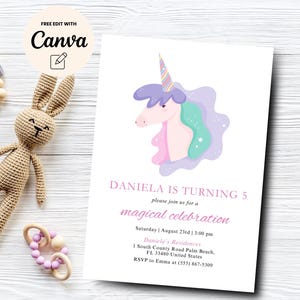 Unicorn 5th Birthday Invitation, Editable Rainbow Unicorn Invite, 5th Birthday Party Unicorn Party, Canva Template, Digital Download