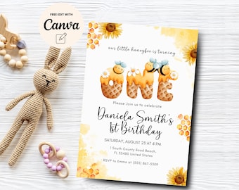 Bee 1st Birthday Invitation Our Little Honey First Birthday Invitation Bee Birthday Invite Bee Birthday Canva Template, Digital Download
