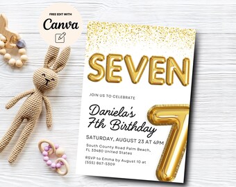Editable Gold 7th Birthday Invitation, Gold 7th Birthday, Glitter Birthday, Balloon Foil Girl 7th Birthday, Canva Template, Digital Download
