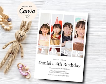 Invitación con foto editable para el cuarto cumpleaños, invitación para el cuarto cumpleaños, invitación con foto minimalista para el cuarto cumpleaños, Canva editable, descarga digital