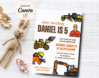 Construction 5th Birthday Invitation, Construction Trucks Party Invite, Dump Everything Construction, Canva Template, Digital Download