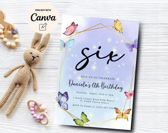 Invitación de cumpleaños número 6 con mariposas, invitación de cumpleaños número 6 con acuarela, invitación de cumpleaños con acuarela brillante, plantilla Canva, descarga digital