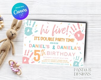 Hi-Five Double Birthday Invite, Modern Party Invite Pastel Girl High 5th Birthday, Joint invite Any Age, Canva Template, Instant Download