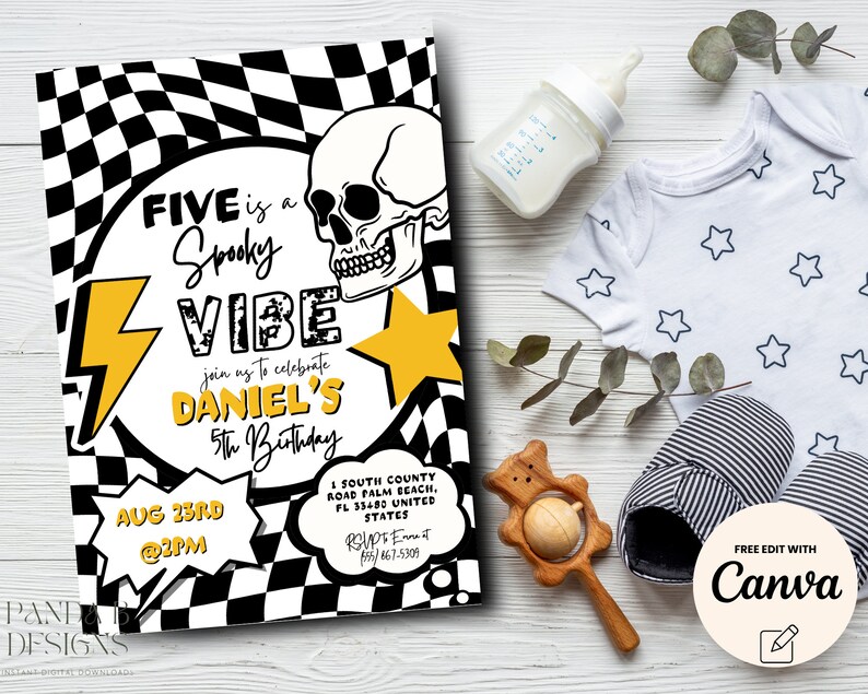 K&ouml;nnte beinhalten: Ein schwarz-wei&szlig; kariertes Hintergrundbild mit einem gelben Blitz und einem gelben Stern. Der Text "FIVE is a Spooky VIBE" ist in schwarz-wei&szlig; mit gelber Umrandung. Der Text "join us to celebrate DANIEL'S 5th Birthday" ist in schwarz-wei&szlig; mit gelber Umrandung. Der Text "AUG 23RD @2PM" ist in schwarz-wei&szlig; mit gelber Umrandung. Der Text "1 SOUTH COUNTY ROAD PALM BEACH, FL 33480 UNITED STATES" ist in schwarz-wei&szlig; mit gelber Umrandung. Der Text "RUPE 458-67-5309" ist in schwarz-wei&szlig; mit gelber Umrandung. Der Text "FREE EDIT WITH Canva" ist in wei&szlig; mit schwarzer Umrandung.