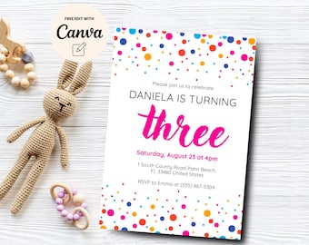 Confetti 3rd Birthday Invitation, Colorful Third Birthday Invitation Editable Girls Invitation Rainbow Canva Template, Digital Download