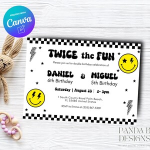 Groovy Double Birthday Invite for Kids, Smiley Checkered Boy Birthday Invitation Joint Photo invite Any Age Canva Template, Instant Download