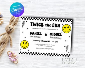 Groovy dubbele verjaardagsuitnodiging voor kinderen, smiley geruite jongen verjaardagsuitnodiging gezamenlijke foto uitnodigen elke leeftijd Canva-sjabloon, Instant Download