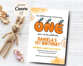 Watercolor Citrus First Birthday Invitations, Oranges 1st Birthday Invites, Printable Instant Download, Canva Editable, Digital Download