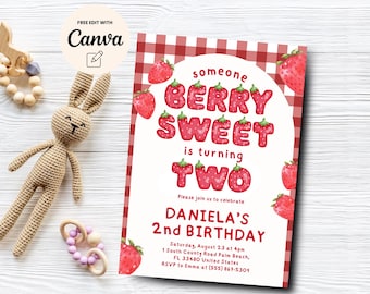 Berry Sweet 2. Geburtstagseinladung, Erdbeer-Party einladen, 2. Geburtstag, Mädchen rosa Geburtstag einladen, Canva Vorlage, digitaler Download