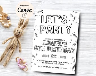 Invitación de sexto cumpleaños, invitación de cumpleaños sencilla con confeti para celebrar, invitación editable para cumpleaños de niña y niño, plantilla Canva, descarga digital