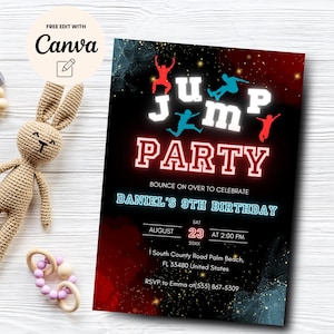 Neon 9th Birthday Invitation, 9th Birthday Jump Party Invitation, Jump Birthday Party Invitation Canva Template, Digital Download