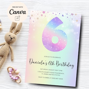 Editable 6th Birthday Invitation Glitter Sixth Birthday Invitation Editable Girls Invitation Rainbow Canva Template, Digital Download