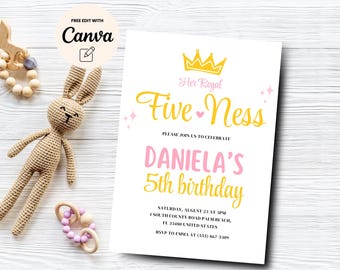 Her Royal Fiveness 5th Birthday Invitation, modificabile principessa compleanno, ragazza rosa 5th festa di compleanno festa, modello Canva, download digitale