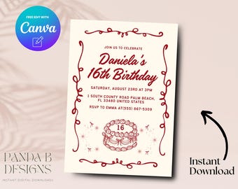 Coquette 16th Birthday Invitation, Modern 16th Birthday Invite, Sweet Sixteen Birthday Invite Canva Template, Digital Download
