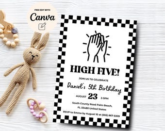 High Five 5th Birthday Party Invitation, Checkered Retro 5th Birthday Invite, Editable Birthday Invitation, Canva Template, Digital Download