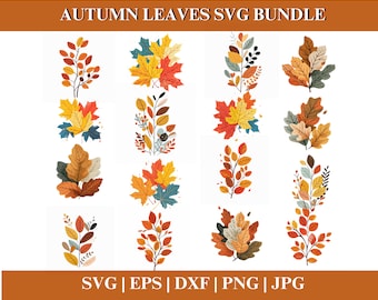 May include: A collection of colorful autumn leaves in various arrangements. The leaves are in shades of red, yellow, orange, and brown, with some blue and green accents. The text "AUTUMN LEAVES SVG BUNDLE" is at the top, with file type options at the bottom.