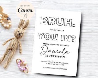 Boy 7th Birthday Invite, Bruh you're invited, Boy Birthday Editable Invitation, Bruh Party Printable, Canva Editable, Digital Download