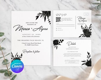 Black Floral Wedding Invitation Template Suite, Black and White Wedding,  Canva Editable Invitation Suite, Instant Download