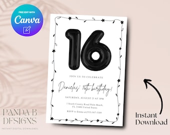 Sweet Sixteen 16th Birthday Invite, Minimalist 16th Birthday Invitation, Sweet Sixteen Birthday Invite Canva Template, Digital Download