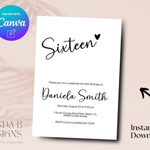 Minimalist Sixteen 16th Birthday Invite, Minimalist 16th Birthday Invitation, Sweet Sixteen Birthday Invite Canva Template, Digital Download