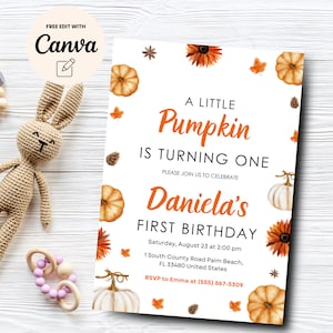 Pumpkin First Birthday Invitation, Our Little Pumpkin 1st Birthday Invite, Fall Autumn 1st Birthday, Canva Editable, Digital Download