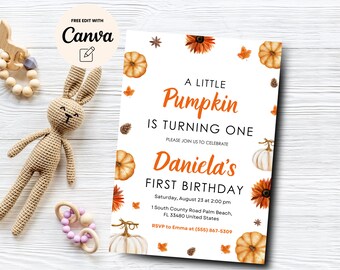 Invitación de primer cumpleaños de calabaza, invitación de primer cumpleaños de Our Little Pumpkin, primer cumpleaños de otoño, Canva editable, descarga digital