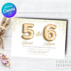 Gold Double Birthday Invite, Gold Glitter Birthday Invitation, Gold Joint Birthday Invite Any Age, Canva Template, Instant Download