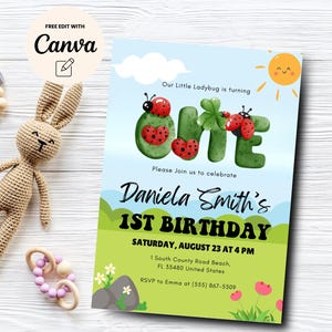 Ladybug 1st Birthday Invitation, EDITABLE Digital Invitation, Little Lady bug Birthday Party, Canva Editable, Digital Download