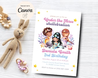Editable Mermaid 3rd Birthday Invitation, Under the Three Birthday Invitation Girl, Mermaid Birthday, Canva Template, Digital Download