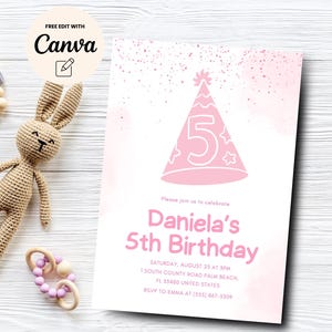 Party Hat 5th Birthday, Girl Pink 5th Birthday Invitation, Girl 5th Birthday Invitation, Pink Invite, Digital Download, Canva Template