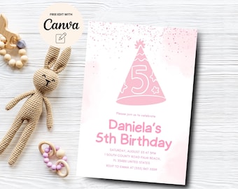 Party Hat 5th Birthday, Girl Pink 5th Birthday Invitation, Girl 5th Birthday Invitation, Pink Invite, Digital Download, Canva Template