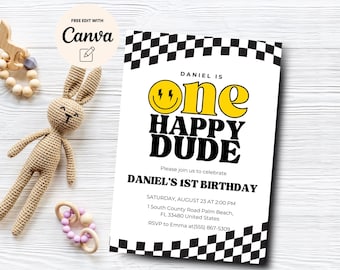 One Happy Dude 1st Birthday Invitation Template, Printable Invitation, Editable Retro One Happy Dude,  Canva Editable, Digital Download