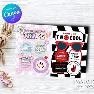 Groovy Double Birthday Invite for Kids, Girl Boy Birthday Invitation, Smiley Checkered invite Any Age, Canva Template, Instant Download