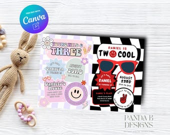 Groovy dubbele verjaardagsuitnodiging voor kinderen, meisje jongen verjaardagsuitnodiging, smiley geruit nodigen elke leeftijd uit, canvassjabloon, Instant Download