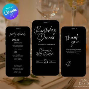 Black Digital Birthday Dinner invitation, Animated Digital Birthday Party Video Invite, Dinner Birthday Canva Template, Digital Download