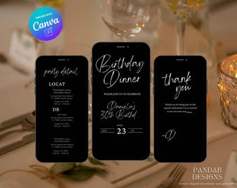 May include: Three black and white phone screen mockups with text for a birthday dinner invitation. The first screen says "party detail" and includes the location and date. The second screen says "Birthday Dinner" and includes the text "Please join us to celebrate Daniela's 30th Birthday" and the date August 23rd. The third screen says "Thank you" and includes a thank you message.