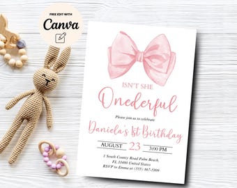 Editable Bow 1st Birthday Invitations, Isn't She Onederful Pink Bow Party Girl First Birthday, Birthday Canva Editable, Digital Download