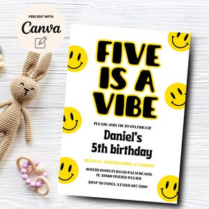 Five is a Vibe Birthday Invitation, 5th Birthday Invitation, 5th Birthday Smiley Face Invitation, Canva Template, Digital Download