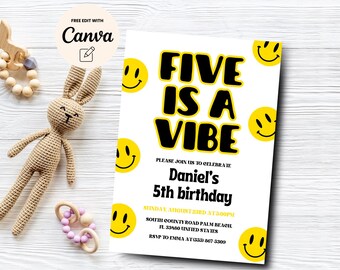 Five is a Vibe Birthday Invitation, 5th Birthday Invitation, 5th Birthday Smiley Face Invitation, Canva Template, Digital Download