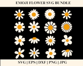 May include: A set of 16 daisy flower SVG cut files in various styles. The flowers are white with yellow centers. The flowers are arranged in a grid pattern.