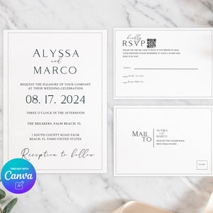 May include: A wedding invitation suite with a black and white design. The invitation features the names Alyssa and Marco, the date 08.17.2024, and the location The Breakers, Palm Beach, FL. The RSVP card includes a QR code and space for guests to RSVP. The mailing address card includes the names Alyssa and Marco, and the address Suite 647 73rd Collier Road, West Dora, FL 34781.