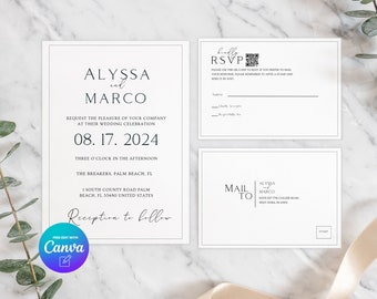 Minimalistische huwelijksuitnodiging met QR-code, moderne uitnodigingssjabloon, bewerkbare canvassjabloon, direct downloaden, digitaal product
