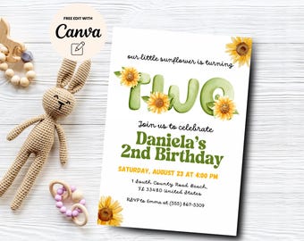 Sonnenblume Geburtstagseinladung, Sonnenblume Gartenparty Einladung, Sommer-Geburtstagseinladung, Canva Vorlage, digitaler Download