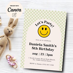 Editable 8th Birthday Smiley face invite, smiley face birthday, emoji invitation, smiley face invite, Canva Editable, Digital Download