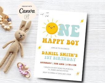 One Happy Boy 1st Birthday Invite, Boy 1st Birthday Printable Invitation, Sunshine Birthday, Canva Editable, Digital Download