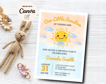 Our Little Sunshine 1st Birthday Party Invite, Sun Birthday Invitation, 1st Birthday Invitation, Canva Editable, Digital Download
